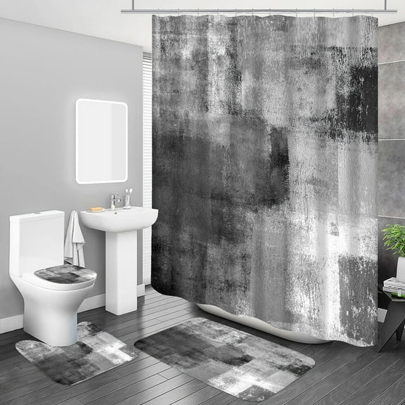 Bathroom Sets Black Shower Curtains with 12 Hooks Large Bath Mat, Toilet Lid Cover and U-Shape Rugs for Home Hotel Decor