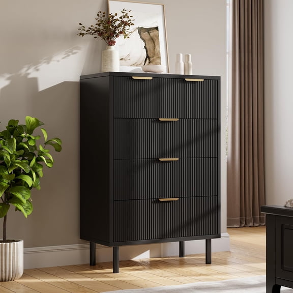 Black Wave Fluted 5 Drawer Dresser for Bedroom, Modern Wood Chest of Drawers with Wide Drawers, Closet Dresser Organizer with Anti-Tipping Device and Metal Legs for Hallway Entryway