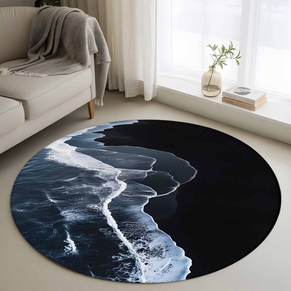 Black Waves Coastal Round Rug 3ft Washable Circle Entryway Rugs Non Slip Summer Beach Nautical Ocean Area Rug Indoor Floor Carpet for Bedroom Kitchen Living Room Home Office Dining Room Nursery