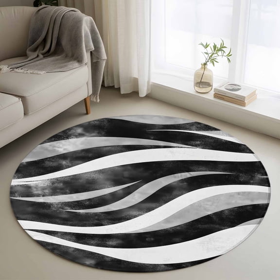 Black Waves Round Rug 3ft Washable Circle Entryway Rugs Non Slip Ombre Sea Ripples Shabby Beach Area Rug Indoor Floor Carpet for Bedroom Kitchen Living Room Home Office Dining Room Nursery