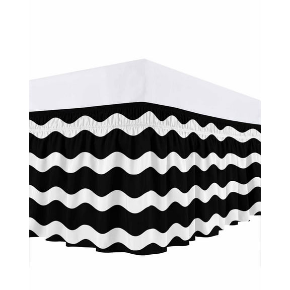 Black Wavy Bed Skirt Stripes Bed Skirts King Size 18 Inch Drop, Wrap Around Dust Ruffle Bedskirt with Adjustable Elastic Belt for Queen Size Beds