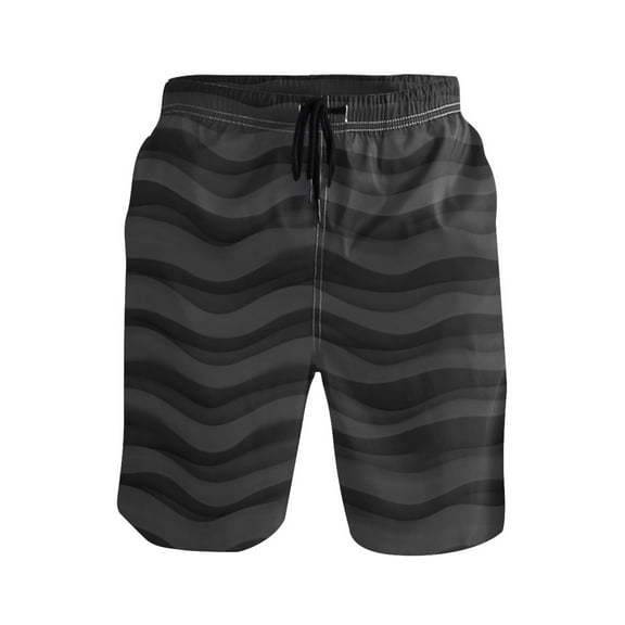 Black Wavy Textured Pattern Medium Size Men's Quick Dry Beach Shorts with Mesh Lining, Lightweight