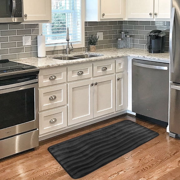 Black Wavy Textured Pattern Non Slip Long Door Mat 39''x20'' Soft, Absorbent, for Kitchen, Bathroom, and Bedroom