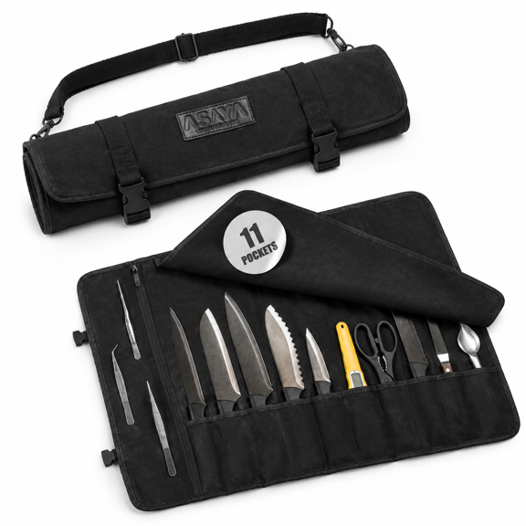 Black Waxed Canvas Chef Roll Bag with 10 Slots and Zipper Pocket for Kitchen Tools