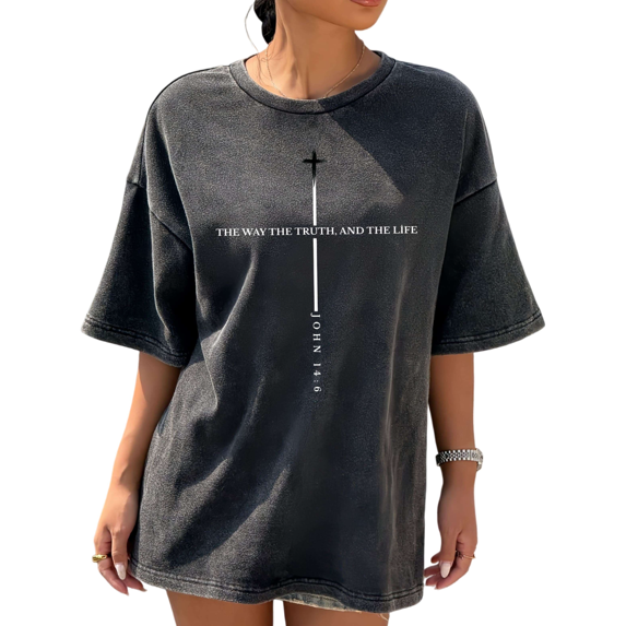 Black The Way The Truth And The Life John 14:6 Black Cross Washed T-Shirt Christian Faith Religious Belief Inspirational Message Casual Wear Tops S-2XL