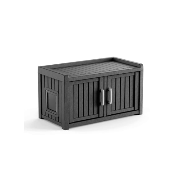 Black Weatherproof Cat Litter Box Enclosure Cabinet, Double Door Hidden Pet Furniture Indoor Outdoor UV Resistant Storage Bench