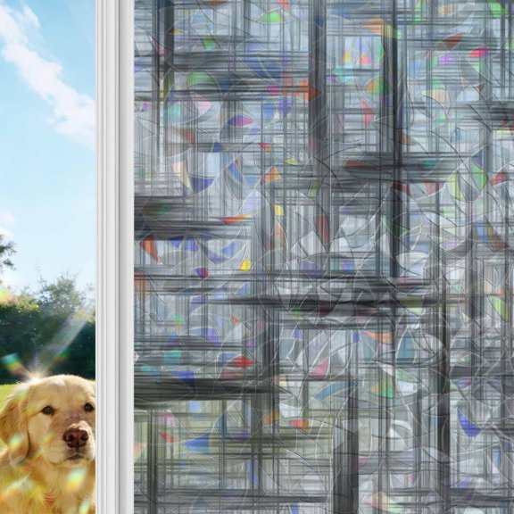 Black Weave Mesh Rainbow Window Privacy Film, Modern Minimalist Abstract Stained Glass Window Film, Sun Blocking Glass Clings Static Cling Non Adhesive Door Stickers 17.7 x 39.3 Inches