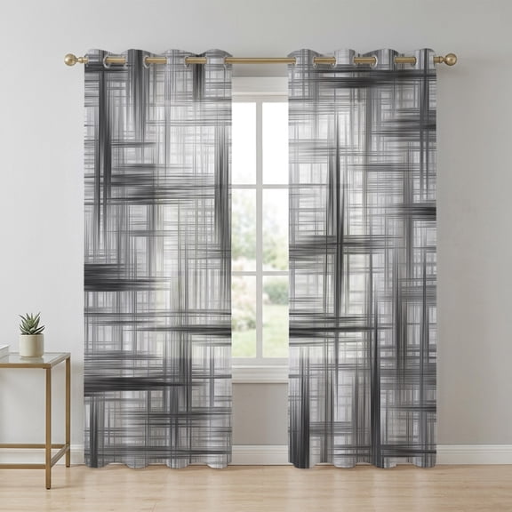 Black Weave Mesh Sheer Curtains 96 Inch Long 2 Panels, Modern Minimalist Abstract Light Filtering Semi Sheer Drapes Grommet Voile Window Curtain for Living Bedroom W52 x L96