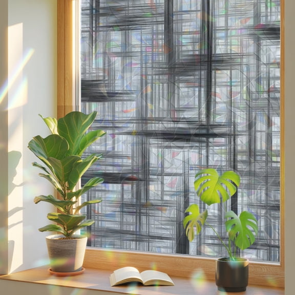Black Weave Mesh Window Privacy Film, Modern Minimalist Abstract Stained Glass Rainbow Film Decorative Window Clings, Static Cling Sun Blocking Stickers 17.7" x 39.3"