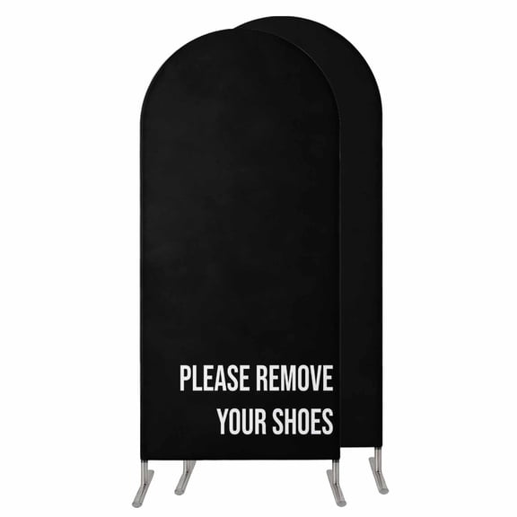 Black Wedding Arch Cover, Stretchy Spandex Arch Backdrop Stand Covers 4 FT, Funny Letters Please Remove Your Shoes Round Top Arched Backdrop Cover for Birthday Party Ceremony Baby Shower Event