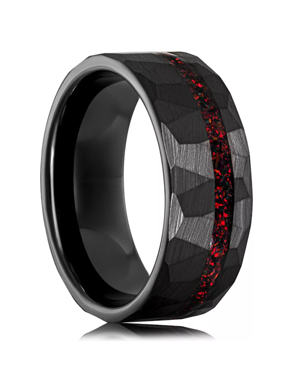 Black Wedding Band with Red Opal Men's and Women's Wedding and Engagement Band