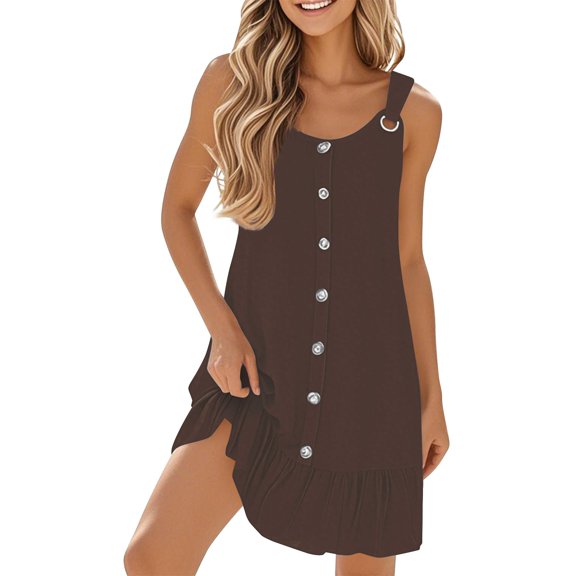 Black Wedding Dress, Sleeveless Button Down Boho Pleated Midi Dress 2025 Casual Elegant Church Guest Dress For Summer Beach & Easter Parties Cotton Cocktail Outfit Maxi Dresses (XL, Brown) ZMTing