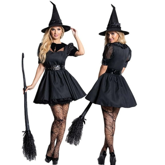 Black Wedding Guest Dress Elegant Gothic Cosplay Dress Style Lace Short Sleeve Witch Costume for Women Halloween Party L terylene Cosplay