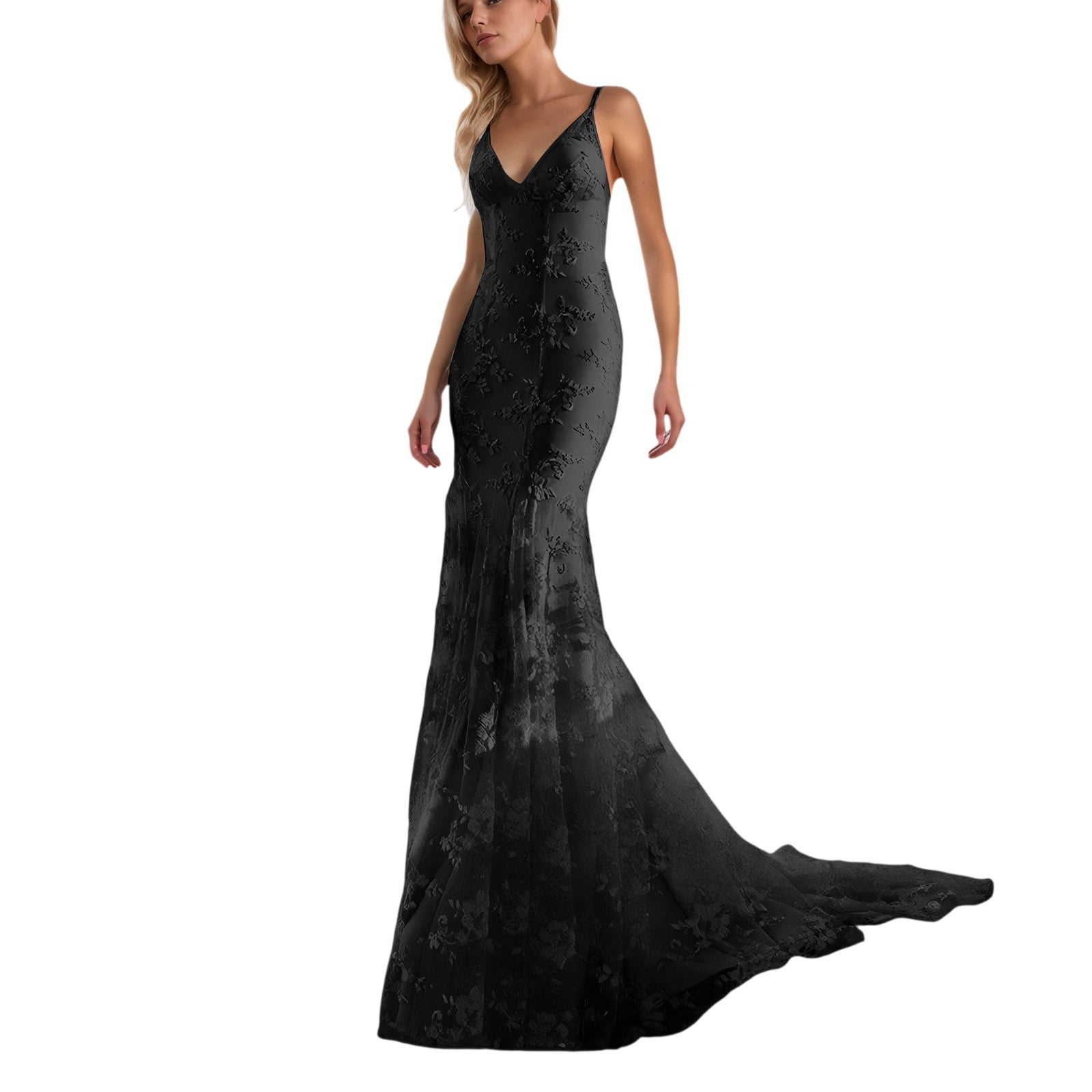Black Wedding Guest Dress Elegant Lace Floral V Neck Backless Bodycon ...