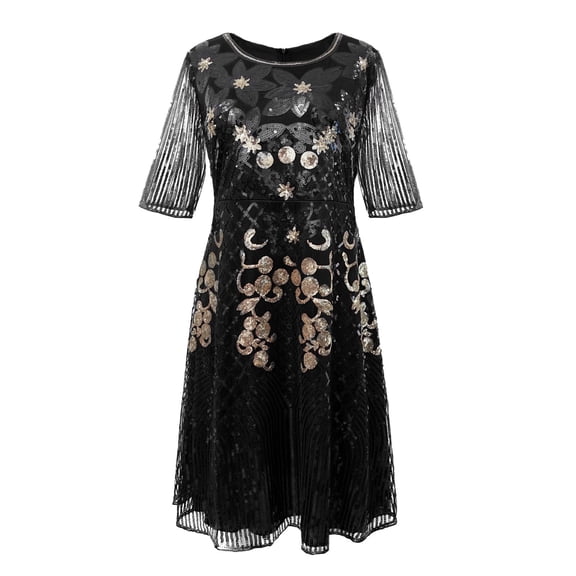 Black Wedding Guest Dress Elegant Women's Formal Dress for Banquets Sparkling Sequin Round Neck Midi Length Dress Spring Summer Fall Occasion Wear Floral Print Party Gown S Polyester