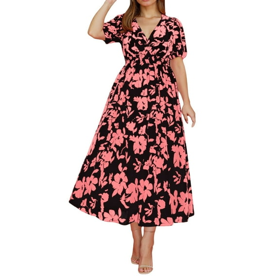 Black Wedding Guest Dress Women Plus Size Floral Maxi Dress Casual Vacation Long Dress with Round Neck for Spring Summer L Polyester,Spandex Plus Size Dress