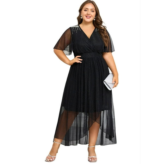 Black Wedding Guest Dress Women's Elegant Casual Dress Asymmetrical Hem Stretchy Waist Plus Size Party Evening Maxi Dress for Ladies Comfortable Flowy XL Polyester Women's Casual Dress