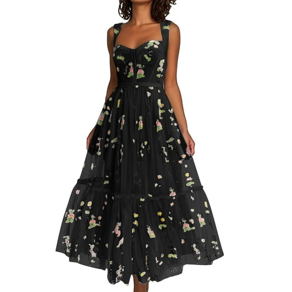 Black Wedding Guest Dress Women's Floral Maxi Dress Sleeveless Mesh Boho Party Dress Casual Summer Beach with Straps Elegant Long Dress for Women S Polyester Women's Casual Dress