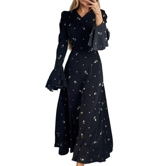 Black Wedding Guest Dress Women's Formal Dress Elegant V Neck Long Sleeve Floral Print Party Gown for Daily Wear Spring Summer Fall Occasions with Heels S Polyester Women's Formal Dress