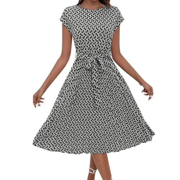 Black Wedding Guest Dress Women's Summer Dress Bat Sleeves with Belt Pleated Hem Printed High Neck Casual Floral Loose Skirt M Polyester Women's Casual Dress