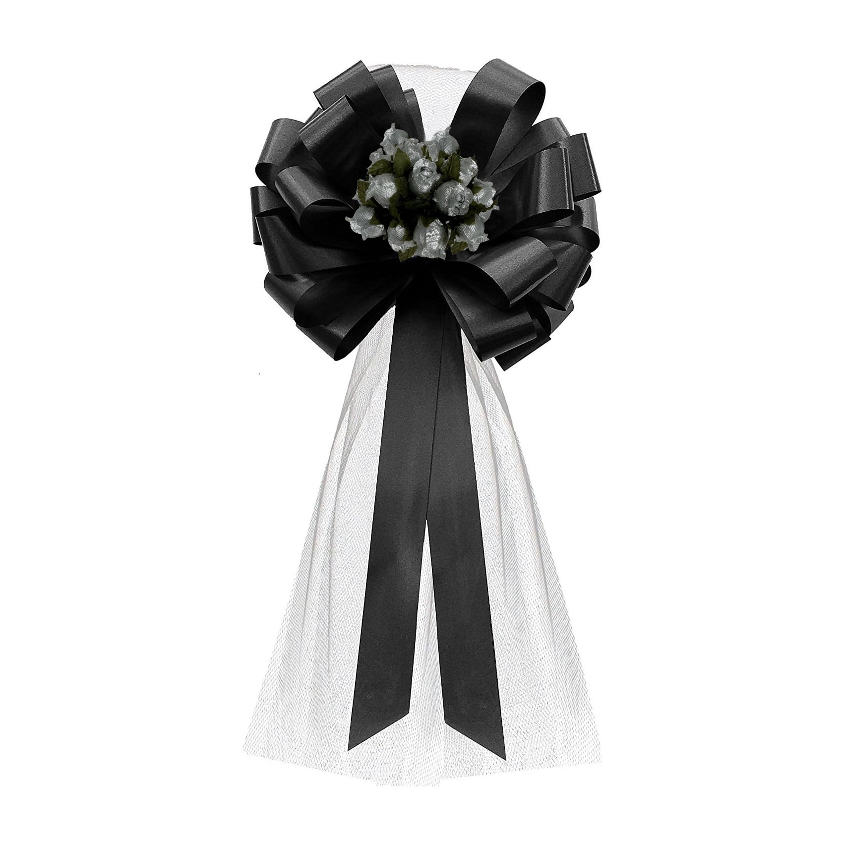 Black Wedding Pull Bows with Silver Tulle Tails and Silver Rosebuds - 8" Wide, Set of 6