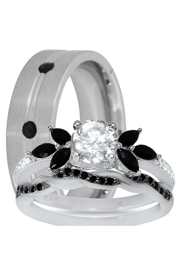 Black Wedding Ring Set His Hers CZ Engagement Couples Rings 9/9