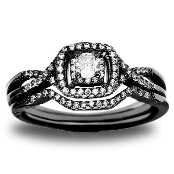 Wedding Ring Set for Women Halo CZ Sterling Silver Engagement Ring and Matching Band Ginger Lyne Collection