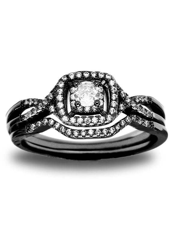 Wedding Ring Set for Women Halo CZ Sterling Silver Engagement Ring and Matching Band Ginger Lyne Collection