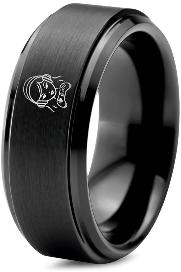 Tungsten Ring Gamer Valentine Black Mens Wedding Band Laser Handwriting Jewelry Gifts for Him Unique