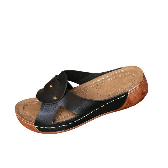 Black Wedge Sandals For Women With Adjustable Strap Open Toe Lightweight Thick Sole Padded Insole Comfortable Casual Summer Wear Size 38