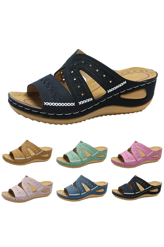 Black Wedge Sandals Low Heel Summer Sandals for Women - Dressy Wedge Comfortable Shoes, Casual Slip On with Arch Support