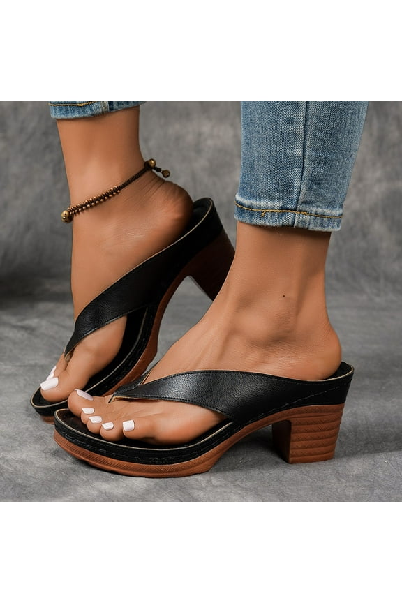 Black Wedges For Women Heels Flip Flops Heeled Thong Sandals for Women Square Open Toe with 2.95 Inch Low Heel