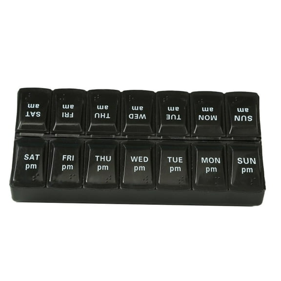 Black Weekly Tablet Organizer 2 Times A Day Easy Open Lids Pill Box Plastic Black 688X334X118In