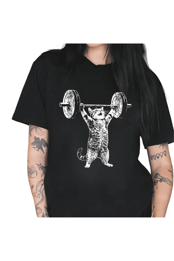 Black Weightlifting Cat Retro Vintage Gym Graphic Tees Print Tshirt Shirts Funny Cat Lover Fitness Tops S-5XL