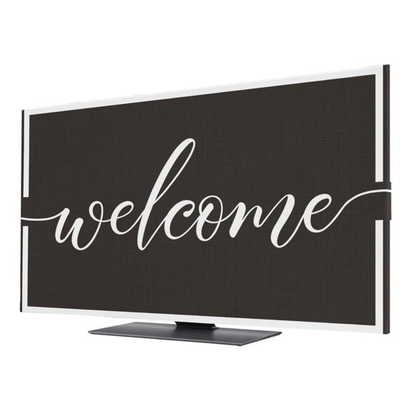 Black Welcome TV Cover for 65 Inch Screen,Stretch Fabric Dustproof TV Display Protector,Modern Minimalist White Striped Border Elastic Slipcover Monitor Cover for Indoor Desktop Computer 56.7"x31.9"