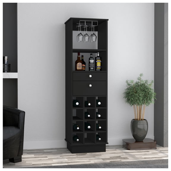 Black Wengue 12-Bottle 2-Drawer 1-Shelf Bar Cabinet