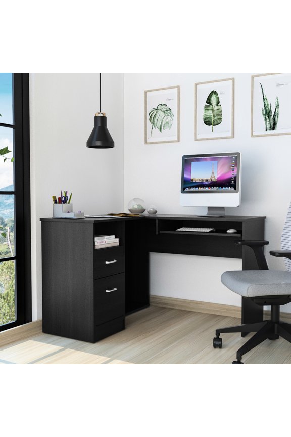 Black Wengue Appearance - Retractable Keyboard Storage - Wall or Corner Fit - Sturdy Desk Design