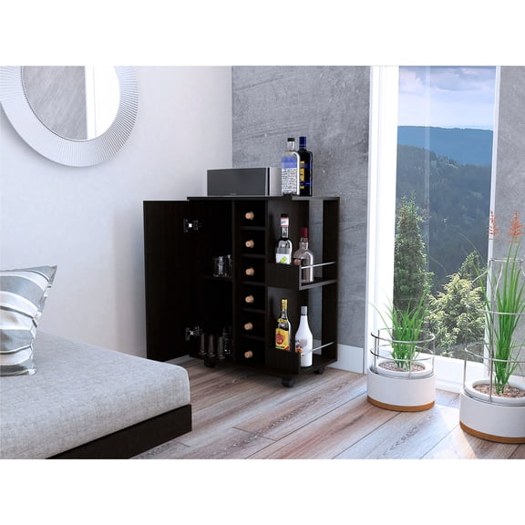 Black Wengue Bar Cart with Bottle Cubbies | Used in Residential and Commercial Bars | Strong Particle Board Structure | Overcomes Storage Limitations