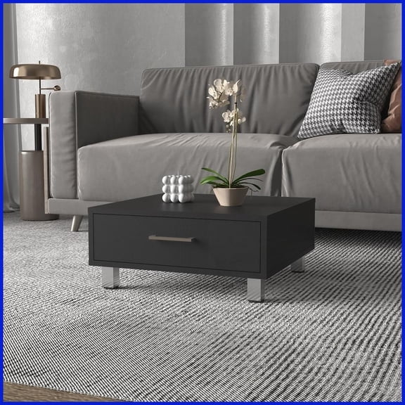 Black Wengue Contemporary Coffee Table with 1 Drawer - Stable Metal Legs & Organized Storage for Living Room