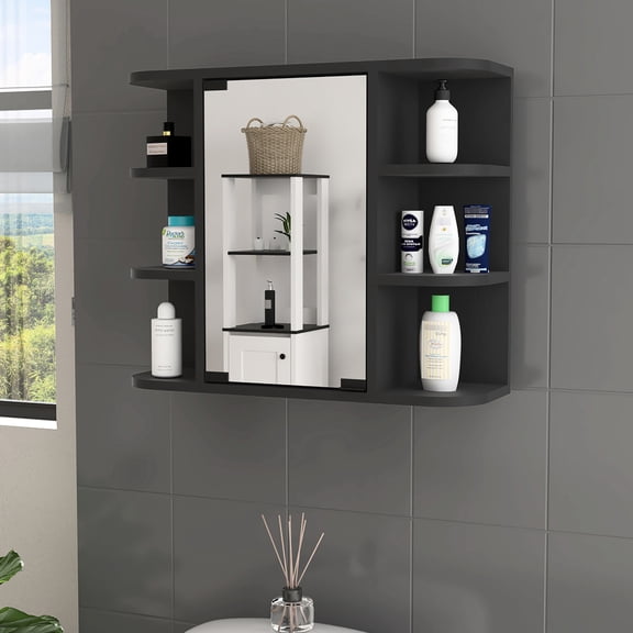 Black Wengue Finish | Central Mirror Panel for Privacy, Side Open Shelves | Enhanced Storage Experience