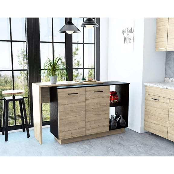 Black Wengue & Light Oak Finish - Display Decor on Open Shelves - As Auxiliary Dining Table - Optimize Kitchen Storage