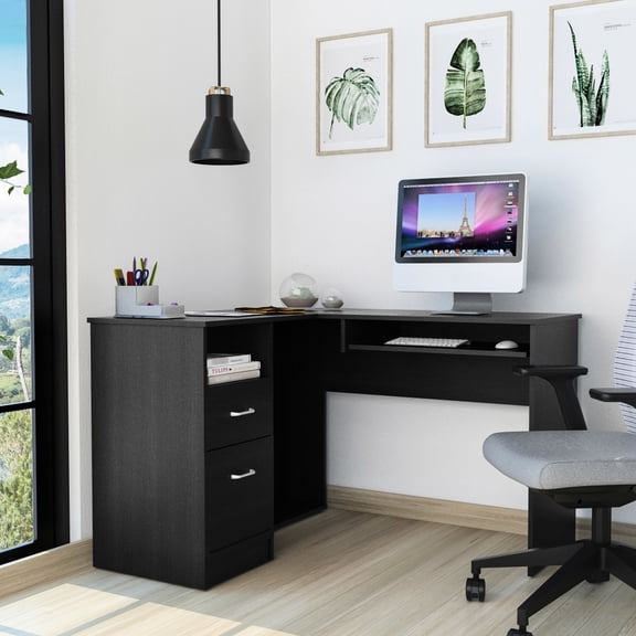 Black Wengue Look - Retractable Keyboard Shelf - Wall or Corner Fit - Sturdy Desk Build