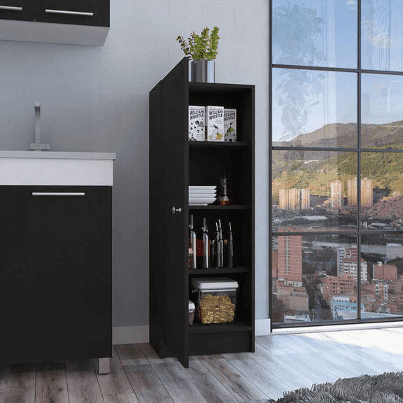 Black Wengue Single Door Pantry Cabinet - Space-Saving Kitchen Storage for Home & Apartment