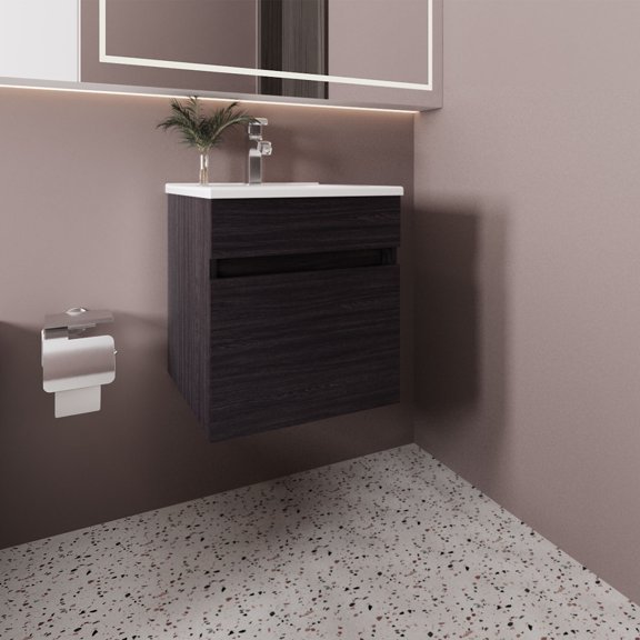 Black Wengue WallMounted Bathroom Vanity With Ceramic Sink, SingleDoor Hidden Storage Cabinet, Engineered Wood Bathroom Furniture