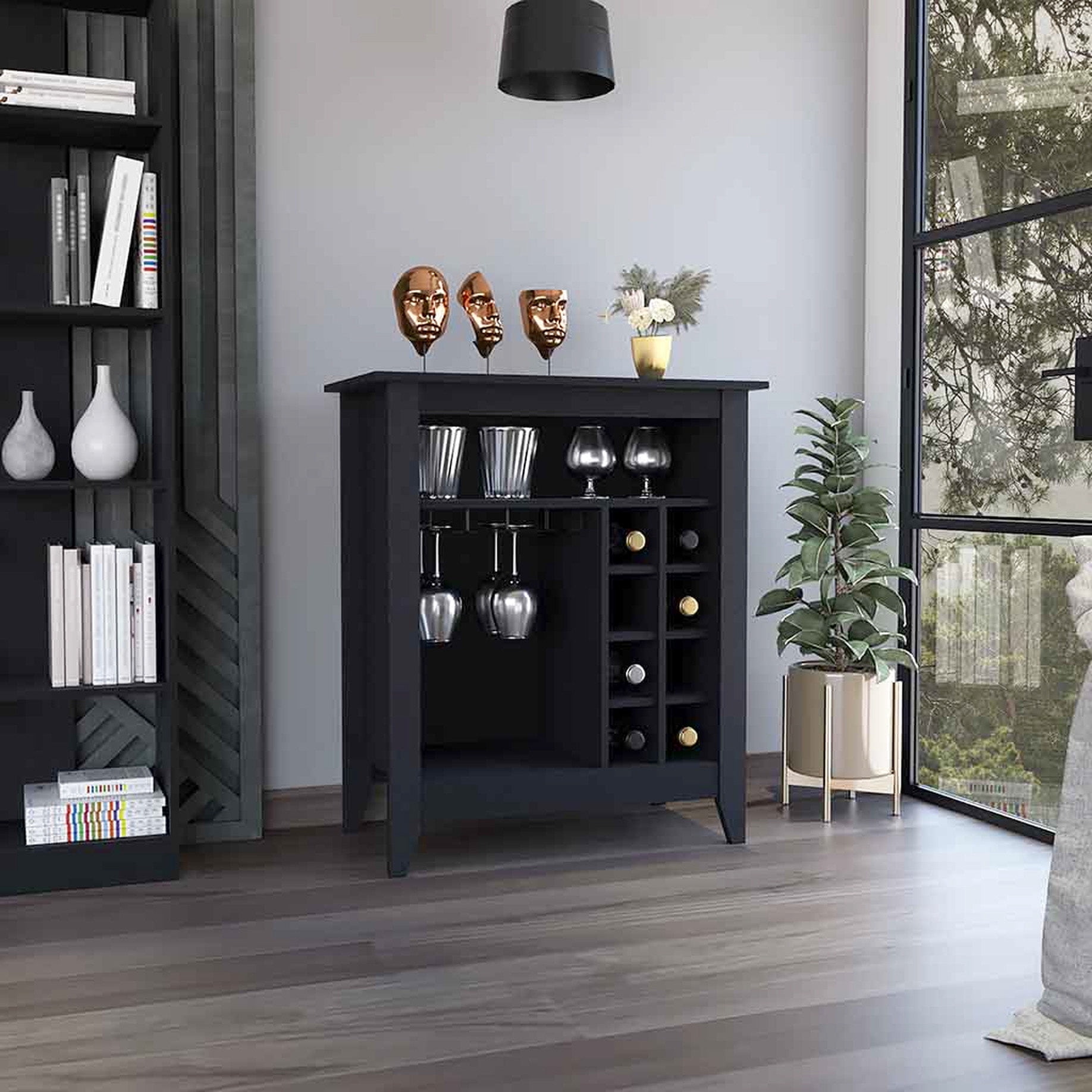 Bar Back Cubbies Black Wengue Wood Bar Cabinet with Wine Cubbies / Suitable for Small ...