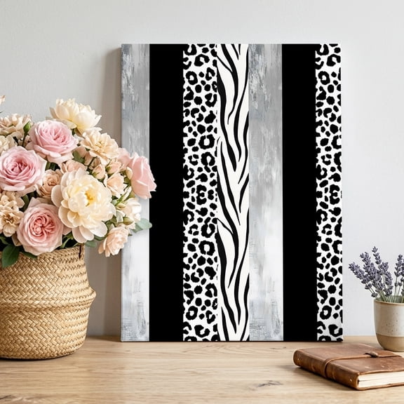 Black Western Canvas Wall Art Framed Wall Decor for Living Room Bedroom Bathroom, Tiger and Leopard Print Vertical Stripes Canvas Pictures Ready to Hang Decor, 12"x18"