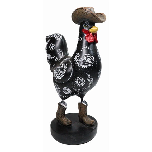 Black Western Country Cowboy Chicken Rooster Wearing Hat And Boots Figurine 8"H