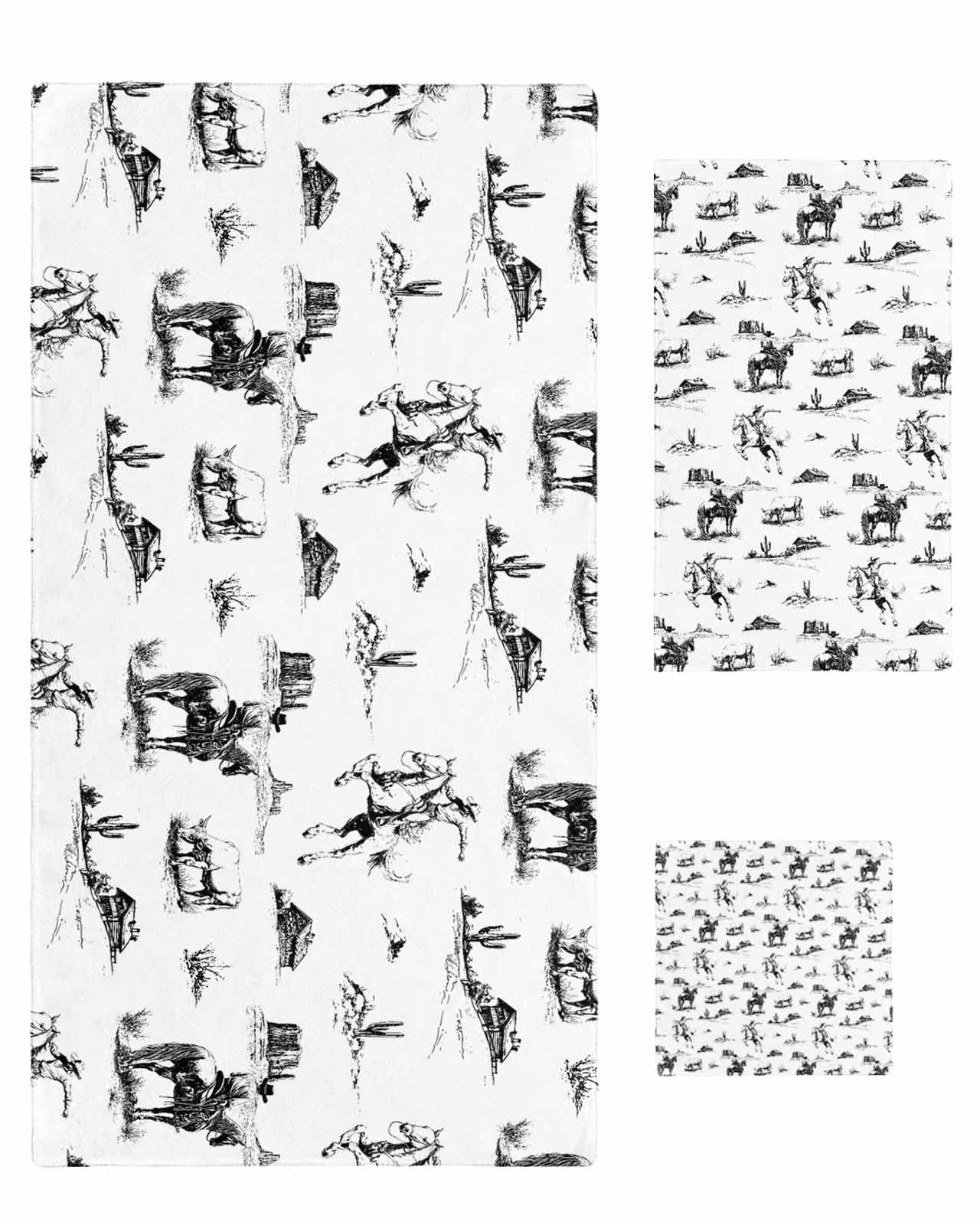 Black Western Cowboy Bath Towels for Bathroom Set,Luxury Microfiber Towels Gifts for Women,Beach Kitchen Hand Hair Face Towel and Dish Washcloth,Vintage Horse Cactus Ethnic Art Towels+Set