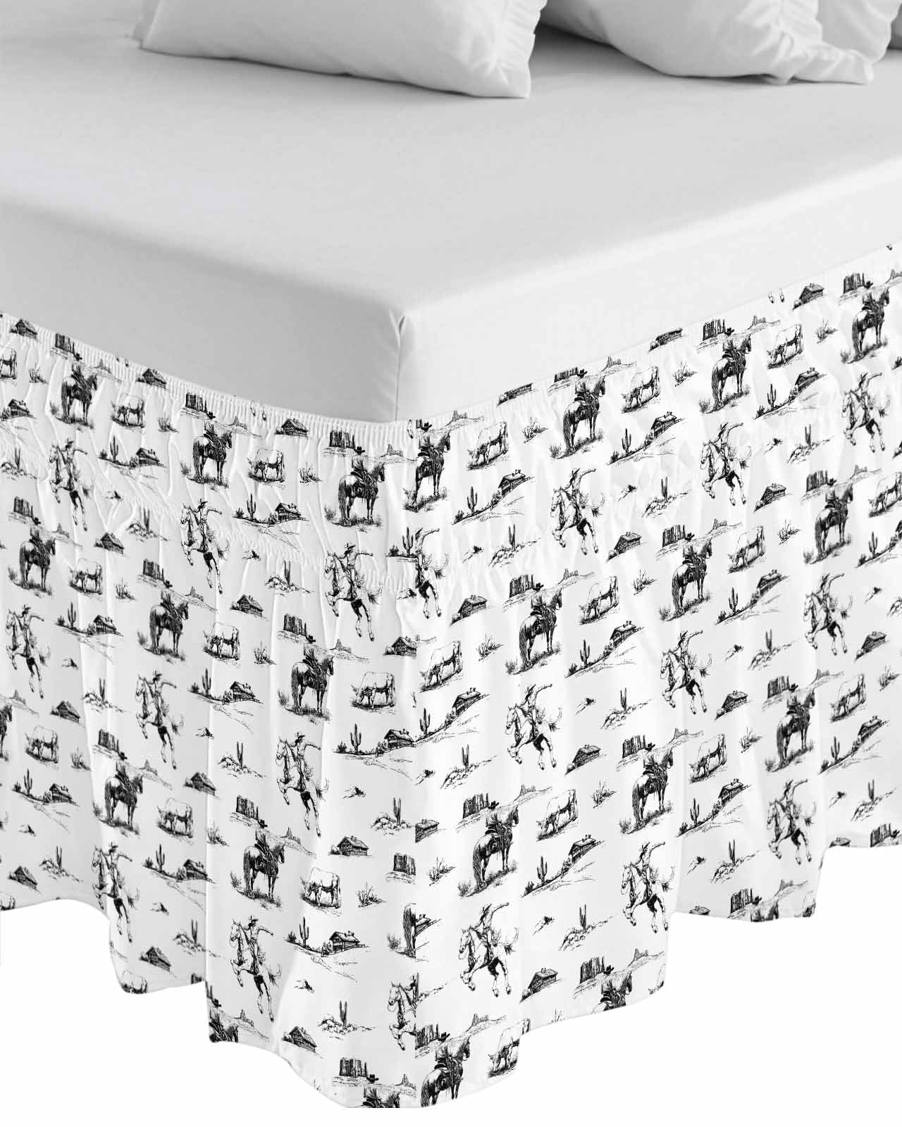 Black Western Cowboy Wrap Around Bed Skirts for California King Bed 18" Drop,Bed Skirt with Adjustable Elastic Belt Dust Ruffle Bed Valance for Bedroom Vintage Horse Cactus Ethnic Art Bed Frame Cover