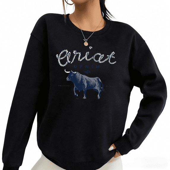 Black Western Denim Bull Print Sweatshirt Graphic Sweatshirt Western Ranch Wear S-3XL Tops